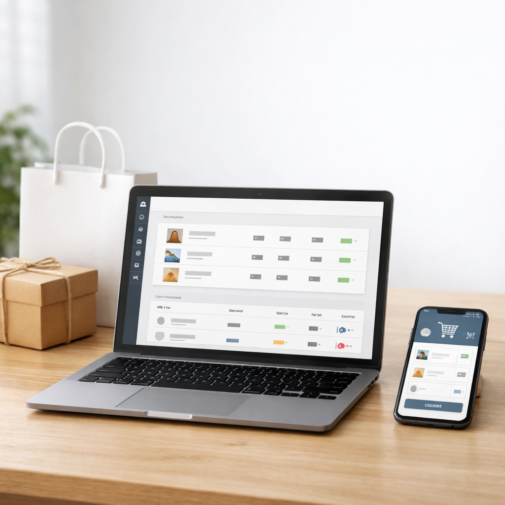 لپ‌تاپ با نمای مدیریت محصولات و سفارش‌های فروشگاه اینترنتی در کنار بسته‌بندی و تلفن همراه